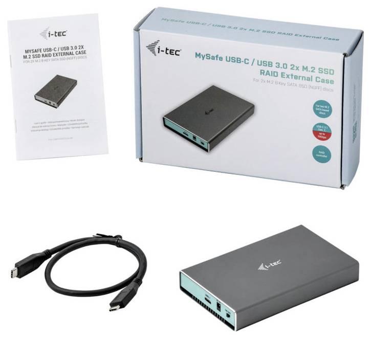 Eine externe Festplattengehäuse-Verpackung mit der Aufschrift 'MySafe USB-C / USB 3.0 2x M.2 SSD RAID External Case', daneben ein USB-C-Kabel und eine Bedienungsanleitung.