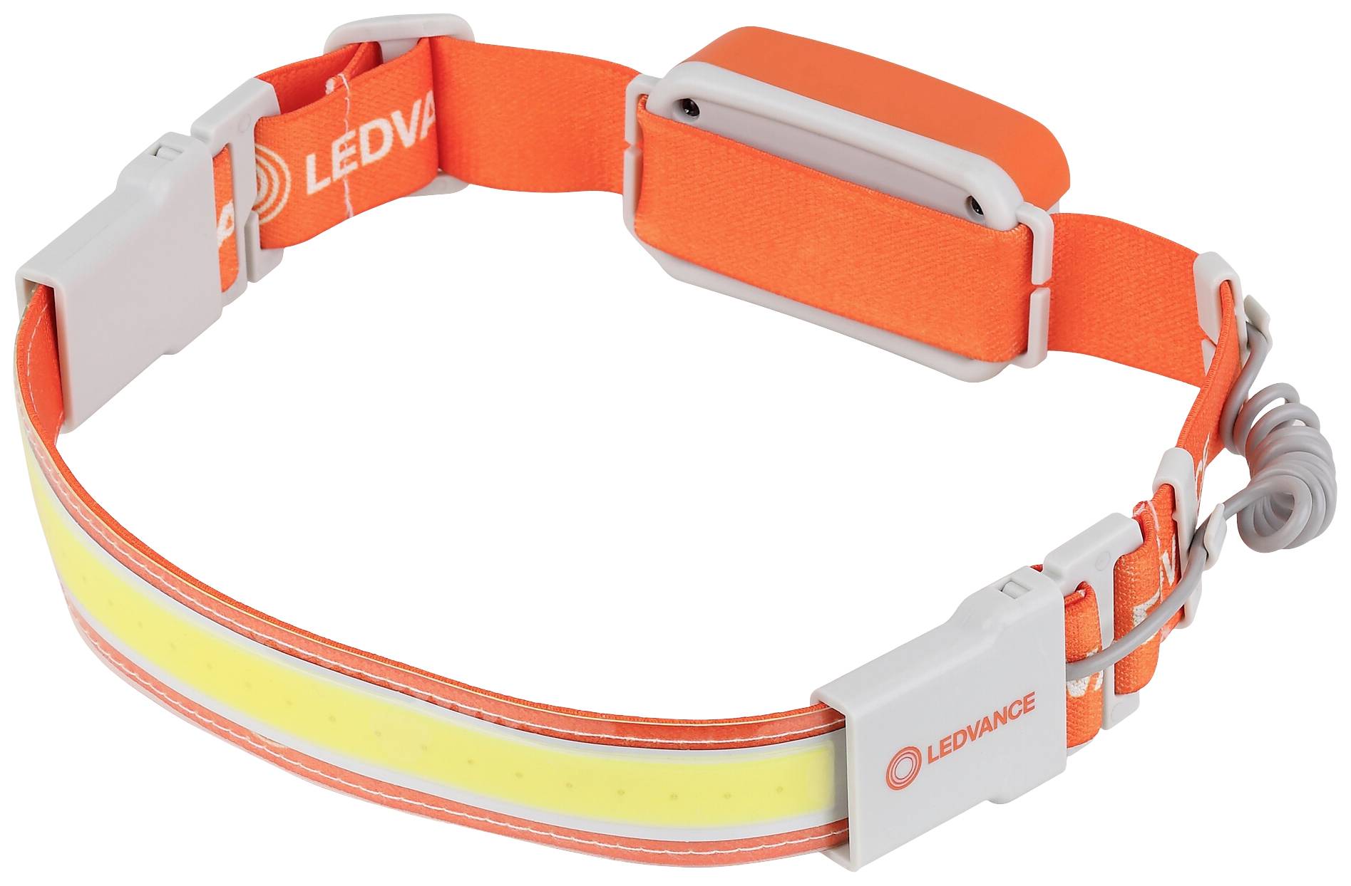 Orangefarbener LED-Streifen mit verstellbarem Band und Akku, geeignet für Sicherheits- oder Outdoor-Aktivitäten.