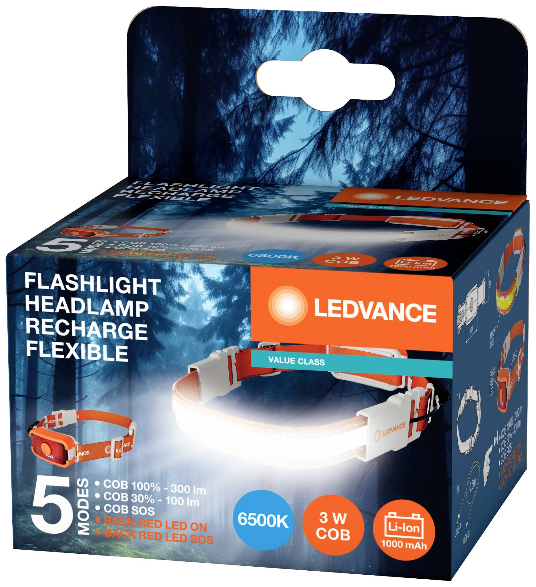 Verpackung einer LED-Stirnlampe von Ledvance. Zeigt fünf Modi mit Reichweite, Lichtfarbe 6500K, 3W Leistung und 1000mAh Akku.