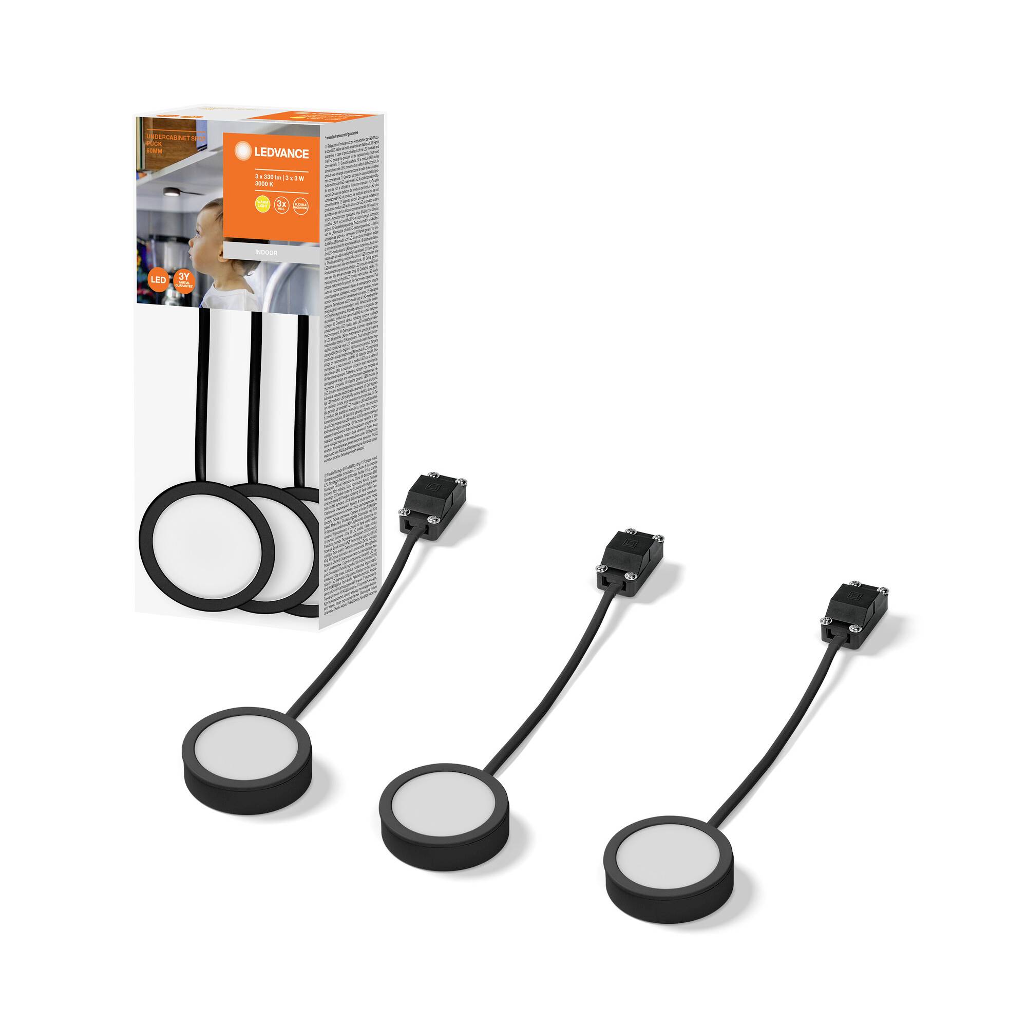 Drei runde LED-Leuchten mit Kabeln und Steckverbindern. Verpackung zeigt Marke und Produktdetails. Geeignet für Küchenunterbau.