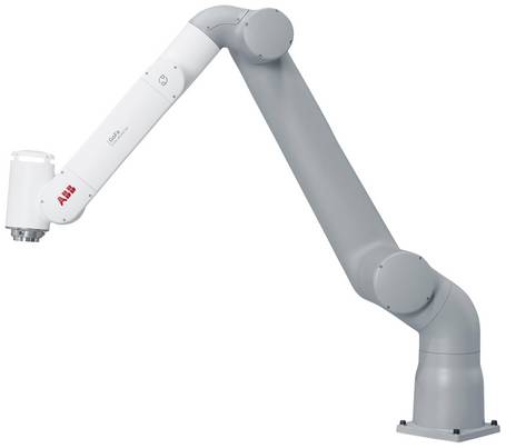 Seitenansicht eines kollaborativen Roboters. Abgebildet ist ein Roboterarm in Grau und Weiß, der aus mehreren Gliedern und Gelenken besteht.