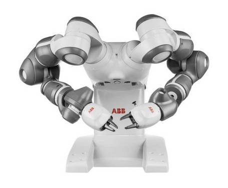 Frontalansicht eines kollaborativen Roboters. Zu sehen ist ein Korpus, von dem zwei Gelenkarme abgehen. An deren Enden befinden sich Werkzeuge zum Greifen.