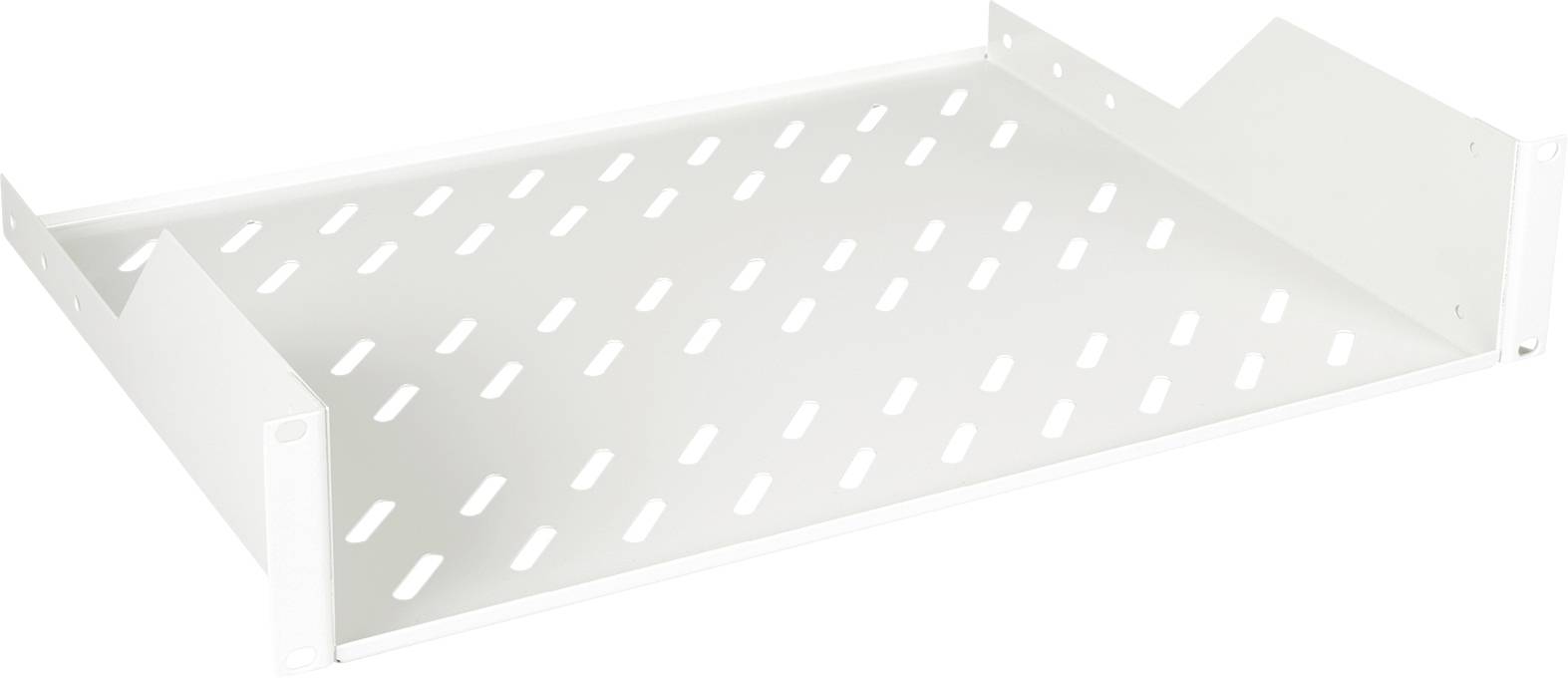 Weißes, rechteckiges Regalbrett mit diagonalen Schlitzen, geeignet für Wandmontage.