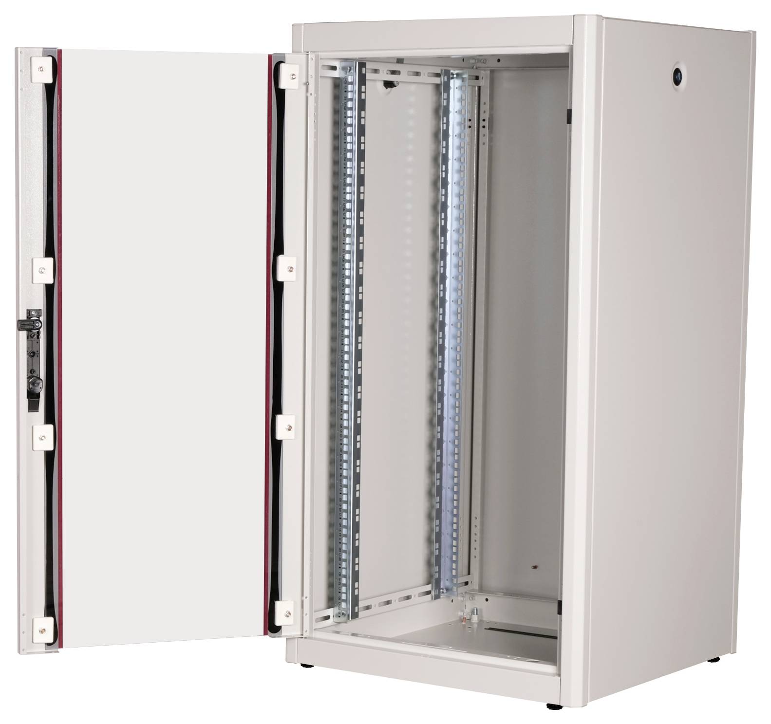 Ein offener, leerer Netzwerkschrank mit Metallschienen an den Seiten, geeignet zur Installation von IT-Geräten oder Netzwerkkomponenten.