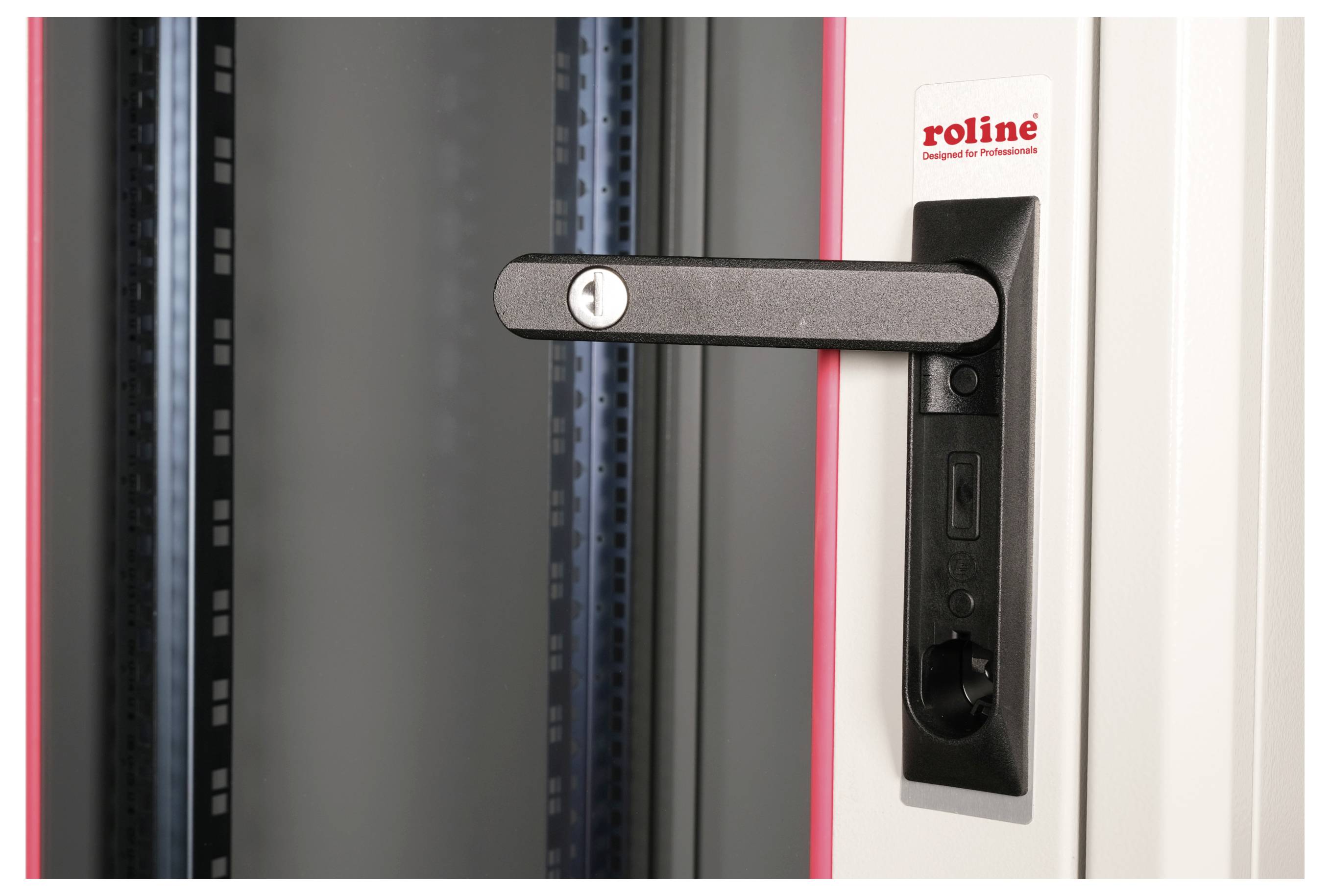 Ein schwarzer Türgriff mit einem Schloss, montiert an einer grauen Tür, mit dem Markennamen 'roline' auf einem Etikett oben rechts.