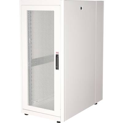 Ein weißes Server-Rack mit einer perforierten Tür und einem Griff, geeignet für die Aufbewahrung von IT- und Netzwerkausrüstung.