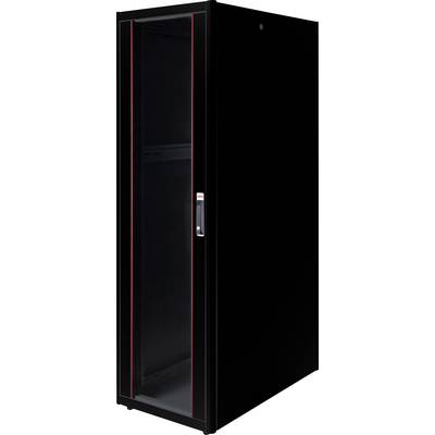 Ein schwarzer Server-Rack-Schrank mit Glastür, geeignet für den Einsatz in Rechenzentren zur Unterbringung von IT-Geräten.
