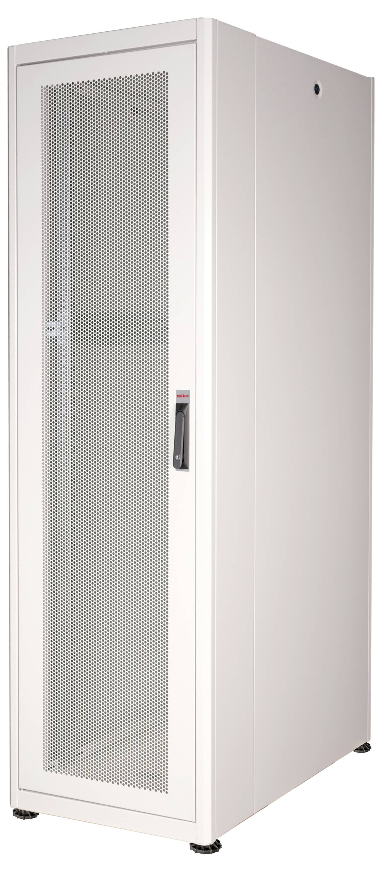 Ein weißer Serverraum-Schrank mit perforierter Tür zur Belüftung, geeignet für IT-Ausrüstung und Datenverwaltung.