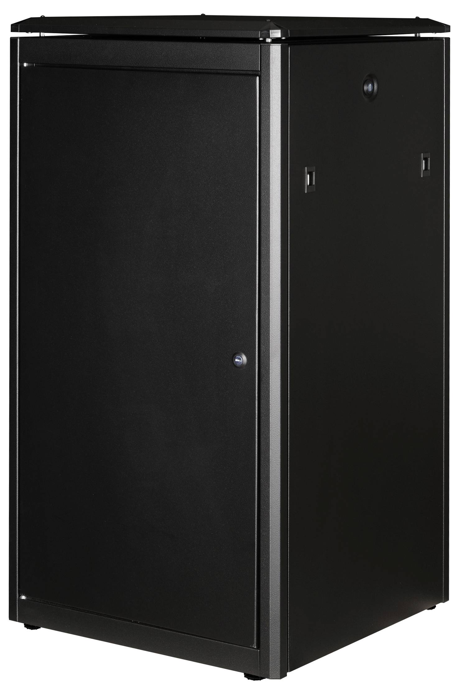 Ein schwarzer Metallschrank mit verschließbarer Tür, geeignet zur Aufbewahrung von technischen Geräten oder Dokumenten in Büros.