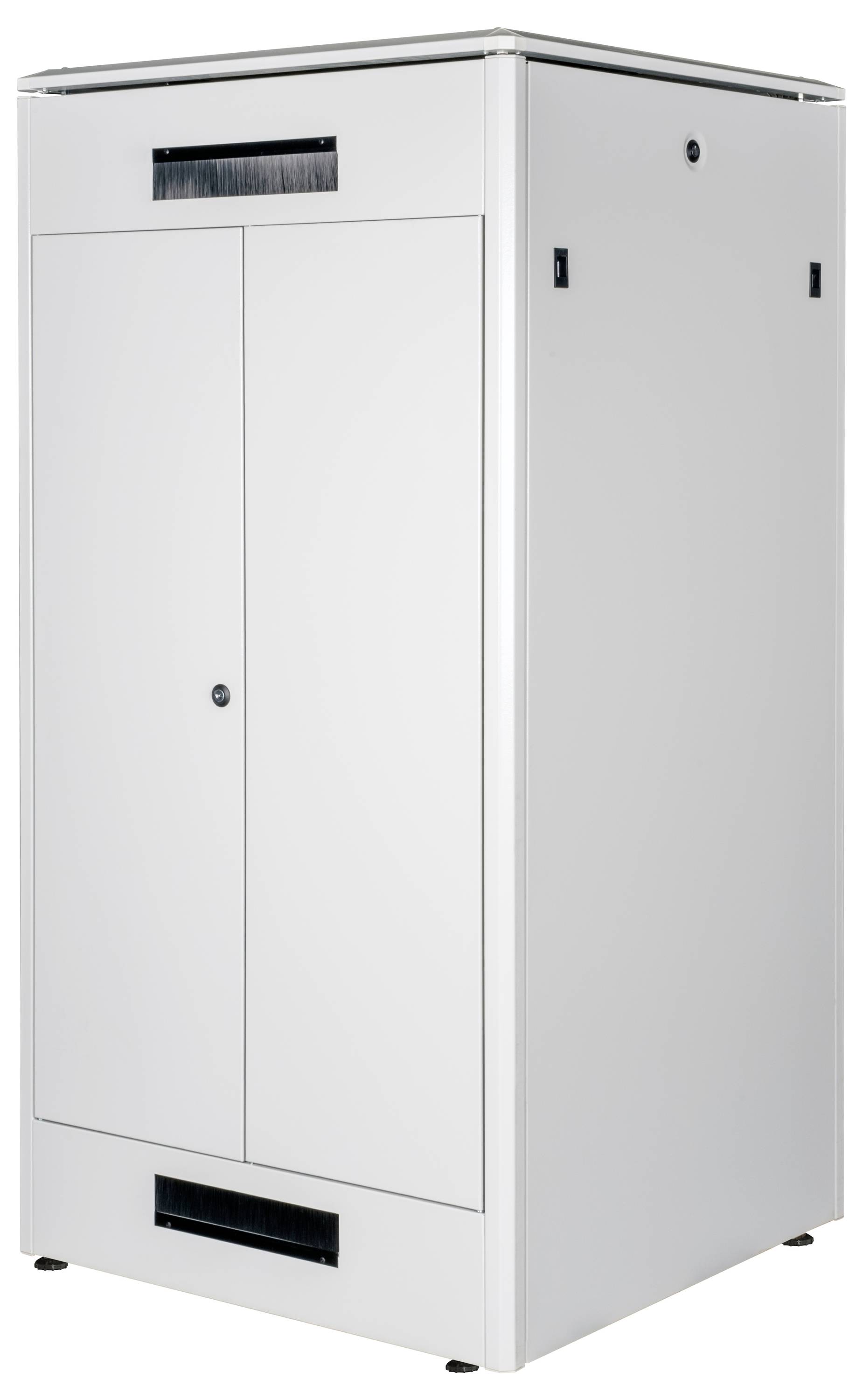Weißer, verschlossener Geräteschrank mit Lüftungsschlitzen oben und unten.