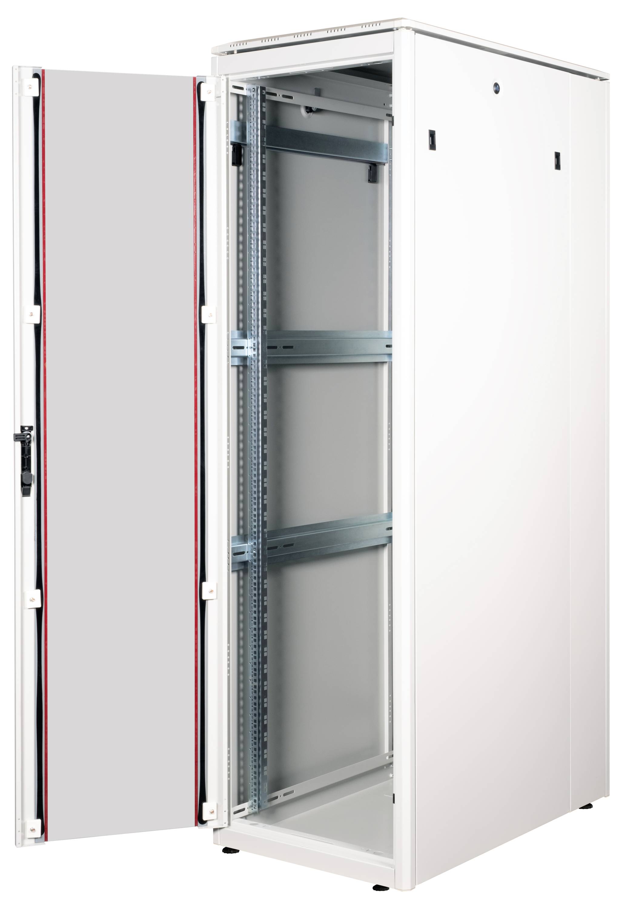Ein offener, leerer Server-Rackschrank mit weißen Seiten und einer Glastür, die auf der linken Seite geöffnet ist.