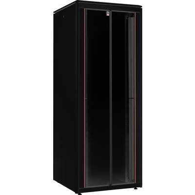 Schwarzer Server-Schrank mit transparenten Türen und roten Streifen, genutzt zur Aufbewahrung von IT-Ausrüstung und Servern.