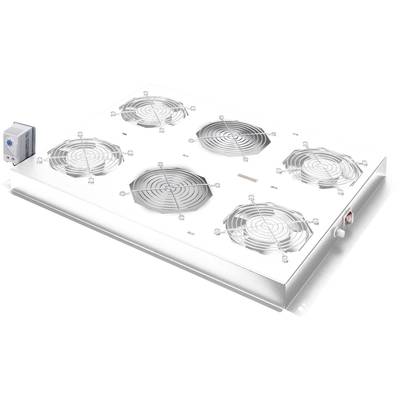 Sechs Ventilatoren auf rechteckigem weißen Gehäuse, geeignet für die Belüftung oder Kühlung eines geschlossenen Raums.