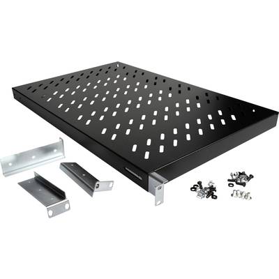 Ein schwarzes Metallregal mit Löchern, inklusive Halterungen und Schrauben zur Montage. Geeignet für den Einsatz in Regalsystemen.