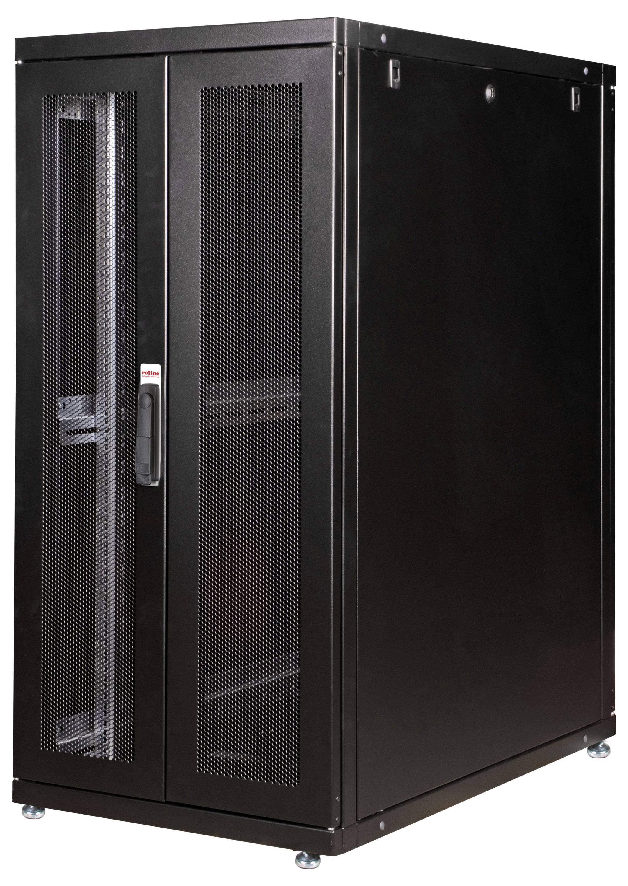 Schwarzes Server-Rack mit Mesh-Türen, geeignet zur Unterbringung von IT- und Netzwerkgeräten in einem Rechenzentrum oder Büro.