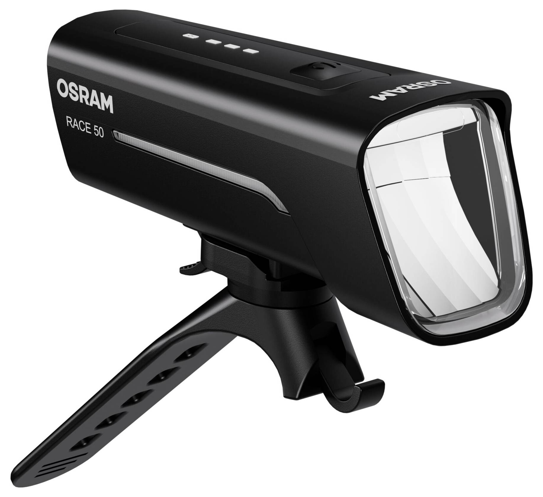 Schwarzes OSRAM Fahrradlicht Modell 'RACE 50' mit Halterung, rechte Seitenansicht.