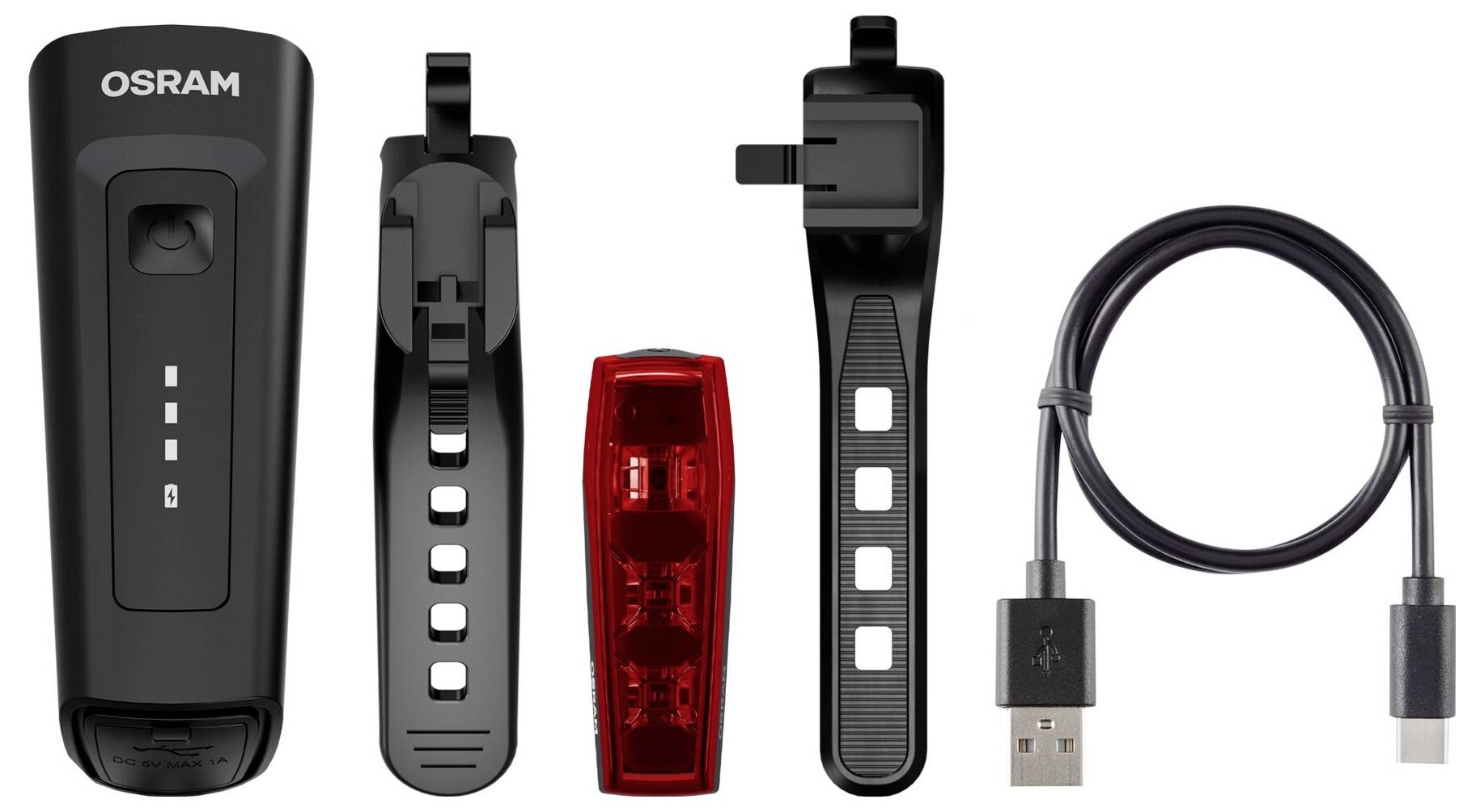 Fahrradlicht-Set mit einem Vorderlicht, einem Rücklicht, zwei Halterungen und einem USB-Ladekabel. Perfekt fürs Radfahren bei Dunkelheit.