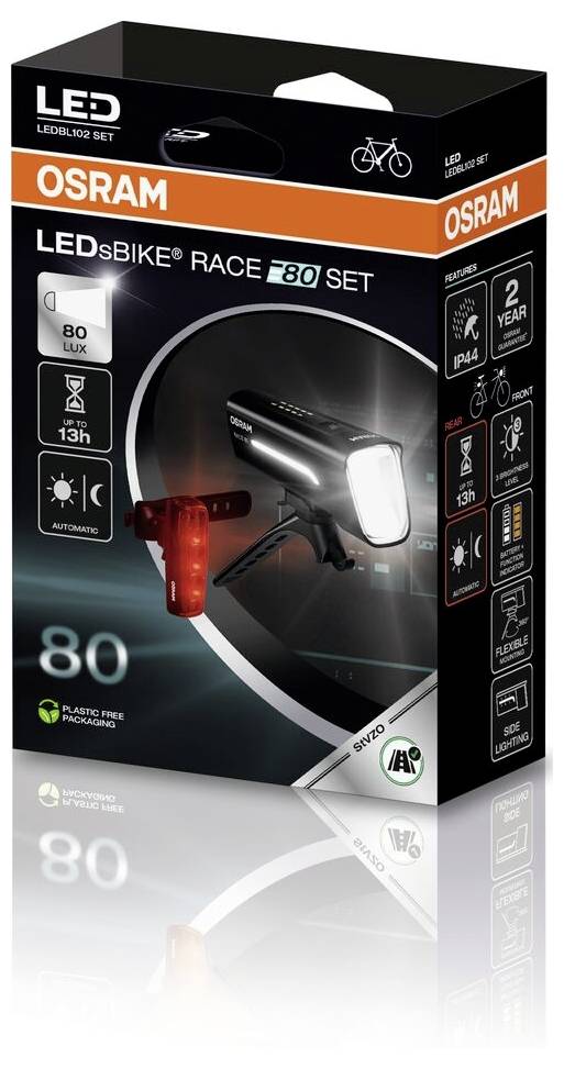 'OSRAM LEDBIKE RACE 80 SET' Fahrradbeleuchtung. Vorderlicht: 80 Lux, Rücklicht inklusive. Batterielaufzeit 13 Stunden, IP44, 2 Jahre Garantie.