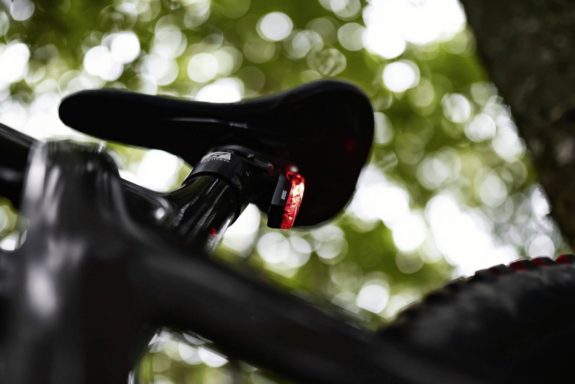 Fahrradsitz mit angeschaltetem rotem Rücklicht, unscharfer Hintergrund aus grünem Laub.