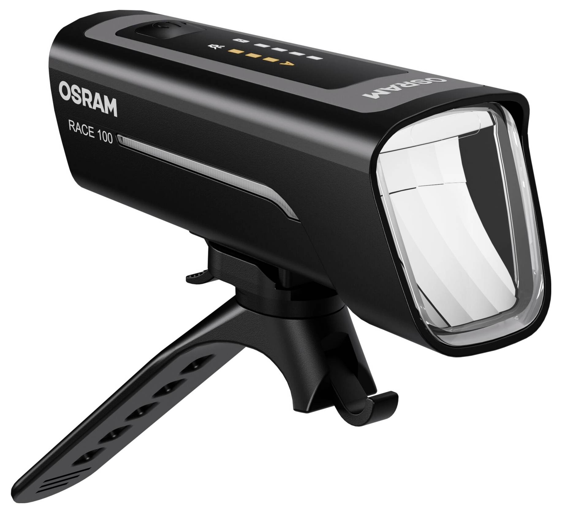 Eine schwarze Fahrradlampe mit dem Namen 'OSRAM RACE 100' zeigt ein modernes Design mit mehreren Funktionstasten oben.
