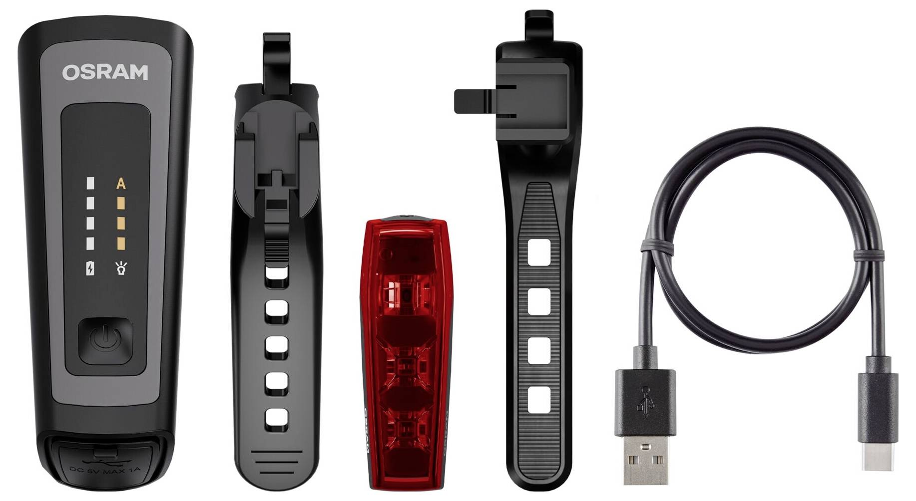 Fahrradbeleuchtungsset mit Frontleuchte, Rückleuchte, Halterungen und USB-Ladekabel.