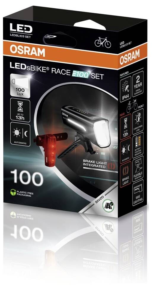 Verpackung von Osram Fahrradleuchtenset mit integriertem Bremslicht. Enthält ein Bild der Leuchte, Spezifikationen und Logos.