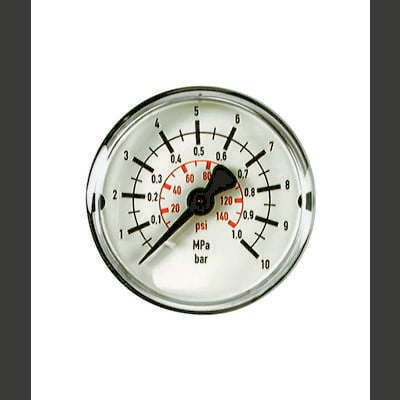 Ein Manometer zeigt Druckmessungen in psi, MPa und Bar. Der Zeiger steht auf 0,6 MPa.