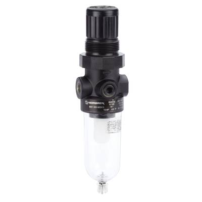 Druckregler von Norgren mit Skala von 0 bis 100. Maximale Druckanzeige von 150 PSI und Temperaturgrenze von 125 °F.
