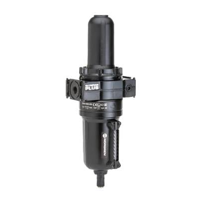 Ein schwarzer, zylindrischer Olympia Plus Filter von Norgren, zeigt technische Details und Anschlussstellen, geeignet für industrielle Anwendungen.