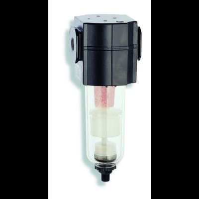 Ein transparenter Druckluftfilter mit schwarzem Gehäuse und zwei sichtbaren Filterelementen, montiert zur Nutzung in Luftdrucksystemen.