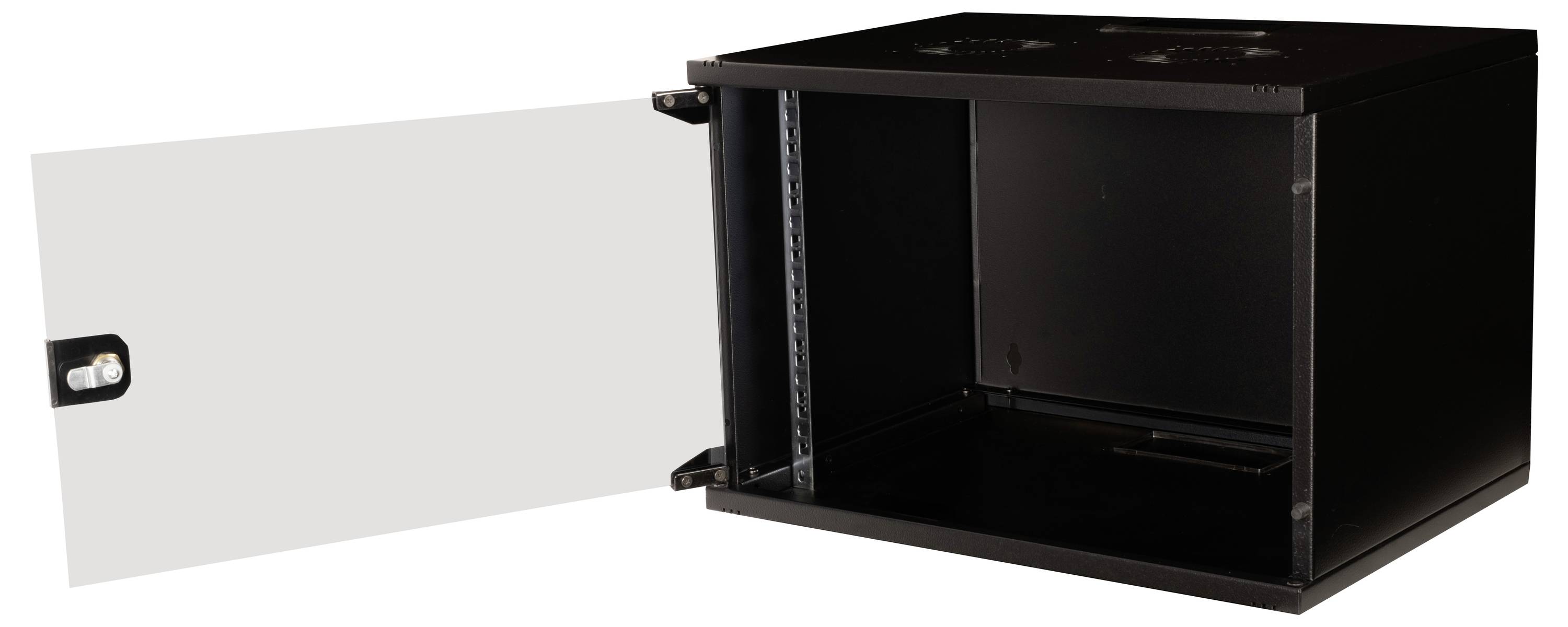Ein schwarzes, wandmontiertes Serverrack mit einer offenen Glastür, die einen leeren Innenraum für Netzwerkausrüstung zeigt.
