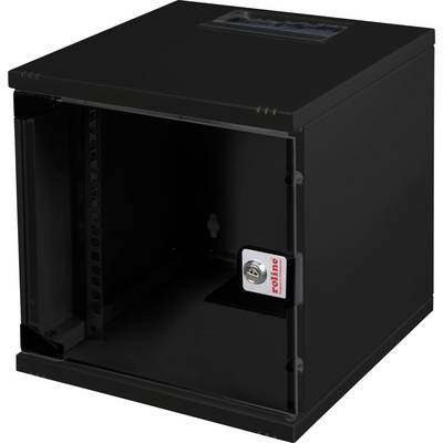 Schwarzer, offener Wandserver-Schrank aus Metall. Quadratförmig mit einer abschließbaren Tür links im Bild.