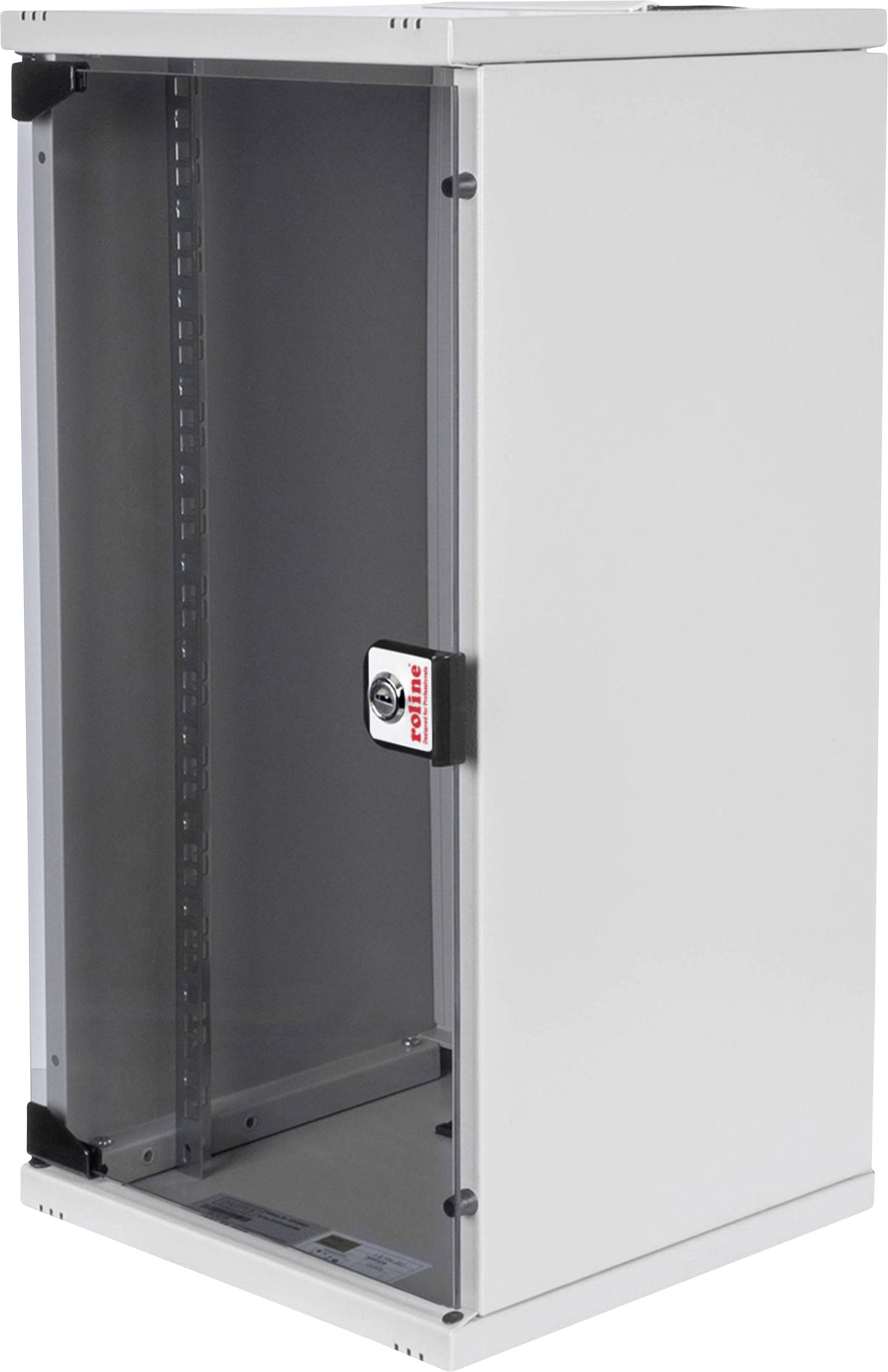 Weißer, leerer Server- oder Netzwerkschrank mit Türgriff. Geeignet zur Aufbewahrung von IT-Ausrüstung in einem Büroraum.