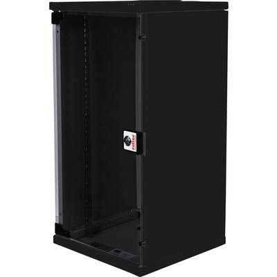 Schwarzes, stehendes Server-Rack mit einer Glastür, geeignet zur Unterbringung von IT-Equipment. Tür ist teilweise geöffnet.