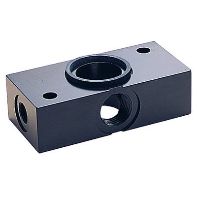 Metallener rechteckiger Block mit zwei Bohrungen oben und einem zentralen kreisförmigen Gewinde. Verwendet zur mechanischen Befestigung.