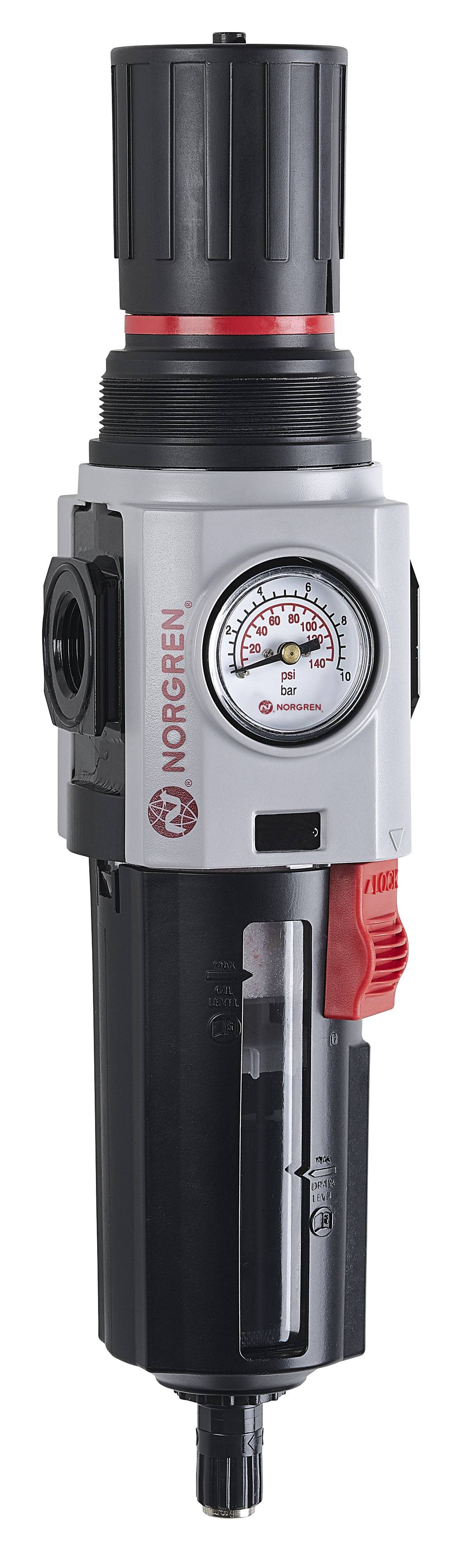 Ein grauer und schwarzer Druckregler mit Manometer und rotem Hebel zur Druckregelung.