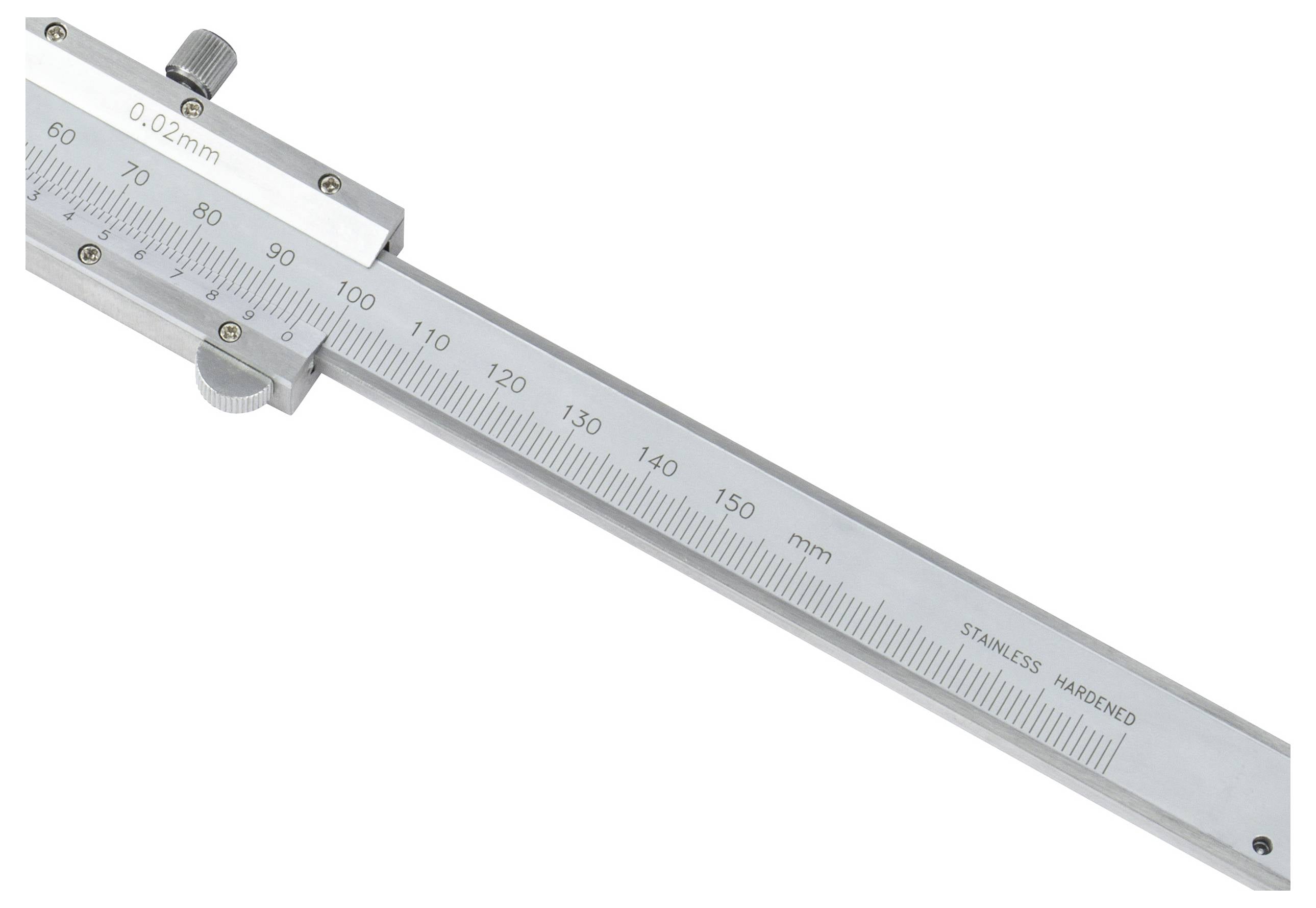 'Nahaufnahme eines Messschiebers aus Edelstahl mit Millimeterskala, zeigt Ablesung von etwa 120 mm.'