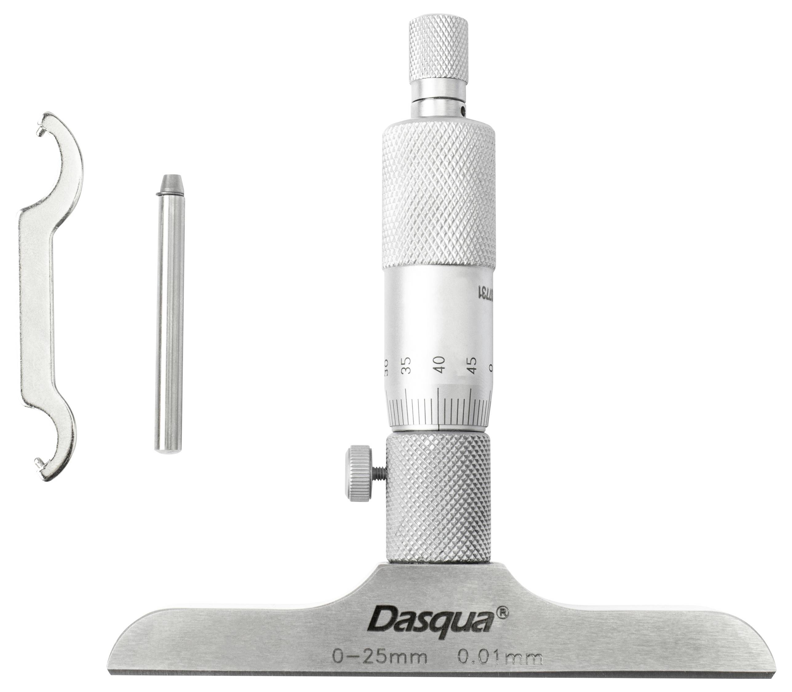 Tiefenmikrometer mit Messbereich 0-25 mm zur präzisen Messung von Tiefen, einschließlich Einstellwerkzeug und Verlängerungsstab.