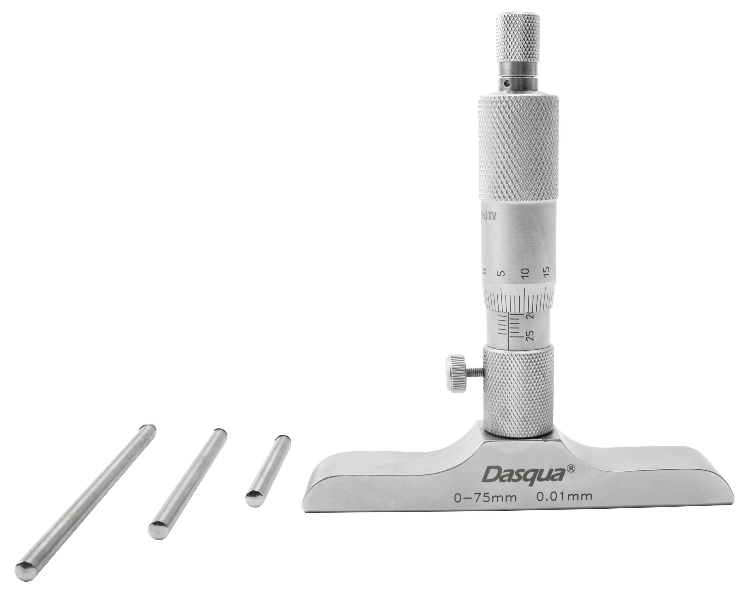 Tiefenmikrometer aus Metall auf einer weißen Oberfläche mit drei Messstäben unterschiedlicher Länge, Maßbereich 0-75 mm, Genauigkeit 0,01 mm.