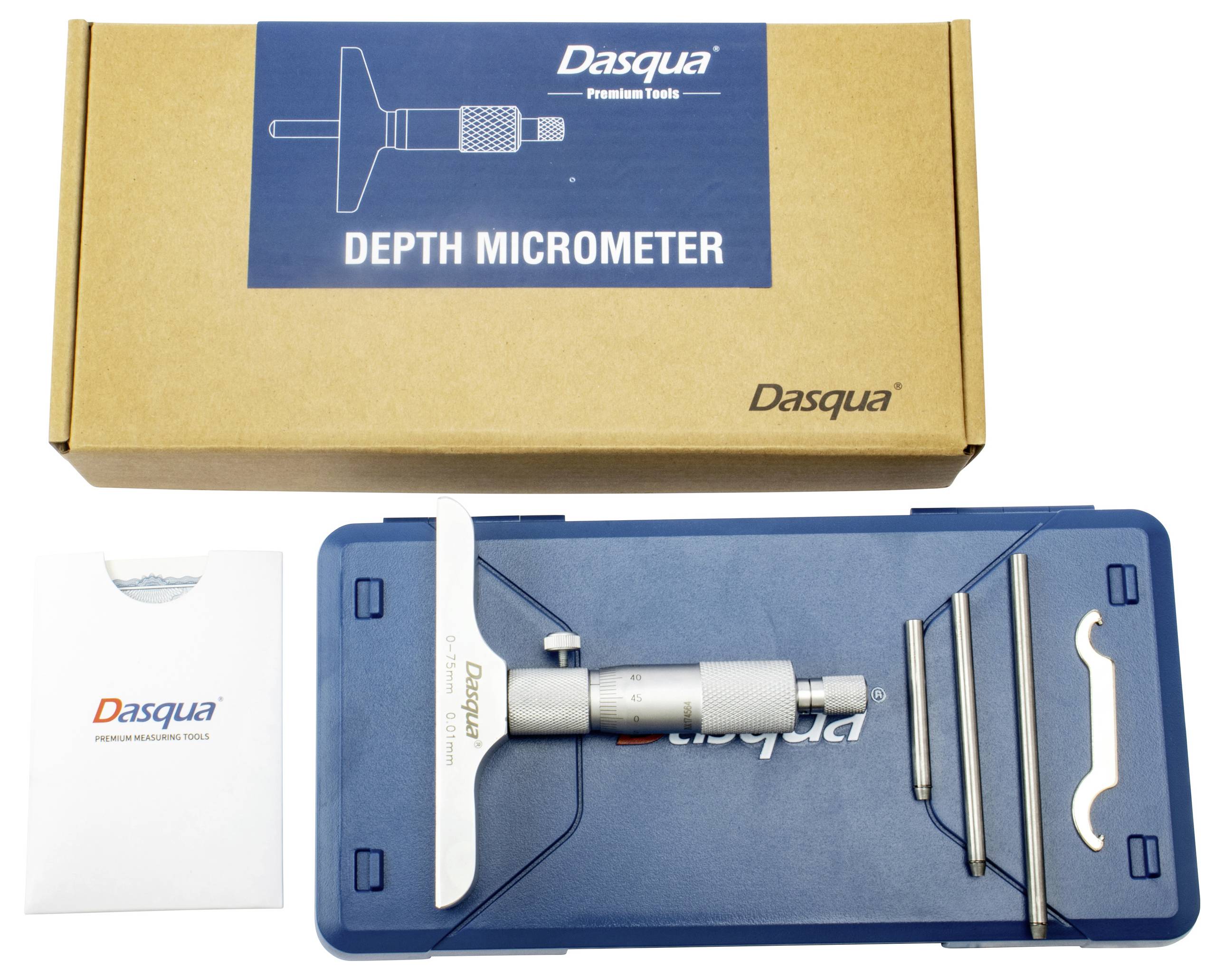 Das Bild zeigt ein Dasqua-Tiefenmikrometer-Set. Enthalten sind ein Mikrometer mit blauem Koffer, Anleitungen und Verpackung.
