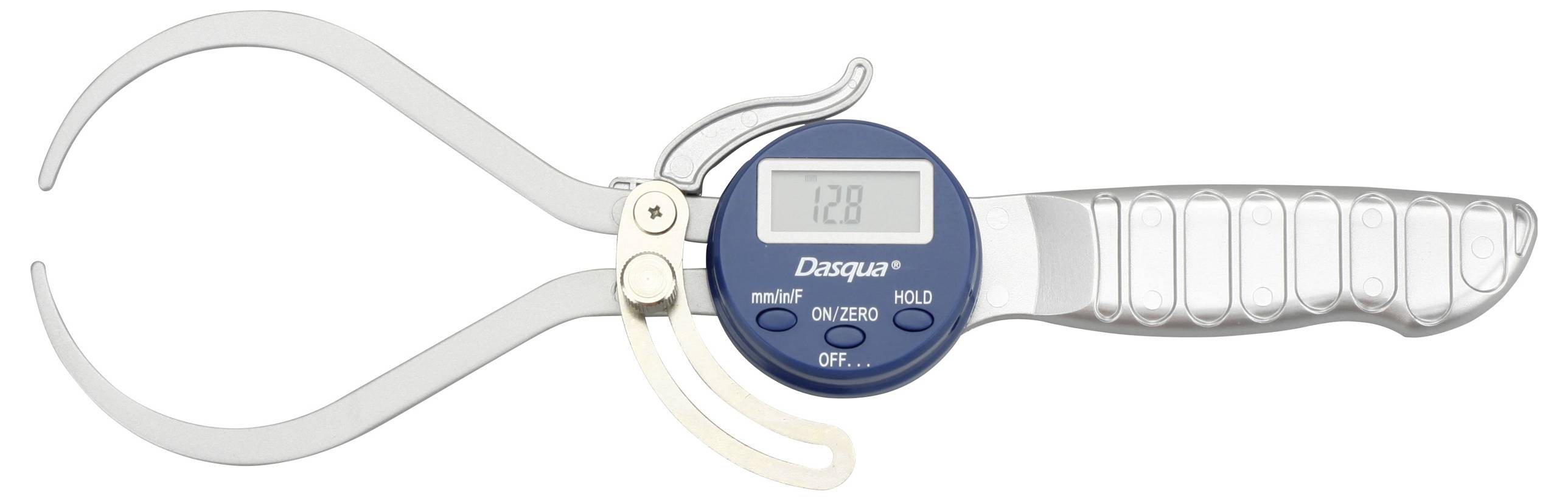 Elektronischer Messschieber mit digitalem Display zeigt '128'. Geeignet für Durchmesser- oder Tiefenmessungen mit hoher Präzision.