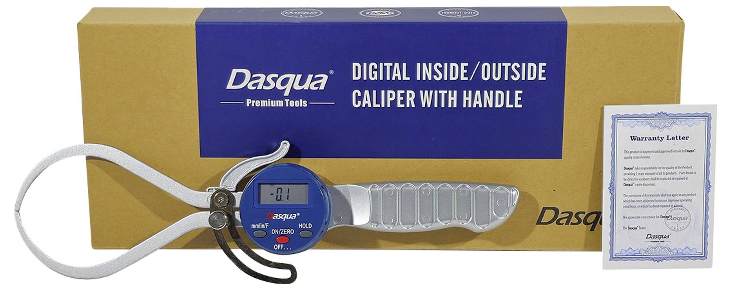 Digitale Innen-/Außenschieblehre mit Griff, 0,01 mm Messgenauigkeit. Enthält Garantieschein und Originalverpackung von Dasqua.