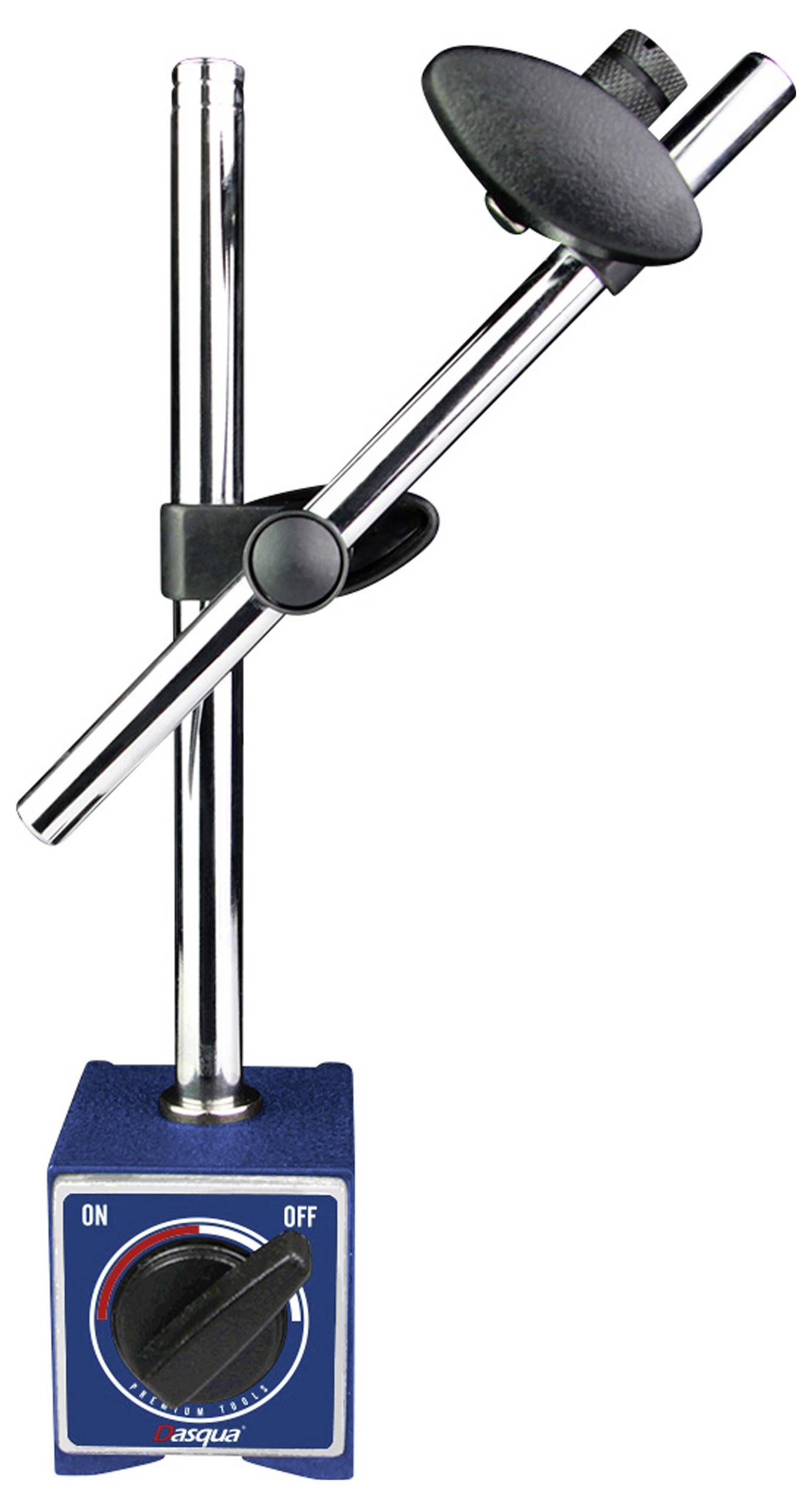 Eine magnetische Basis mit einem verstellbaren Arm zum Halten von Messgeräten, ideal für präzise Platzierung in Werkstätten oder Labors.