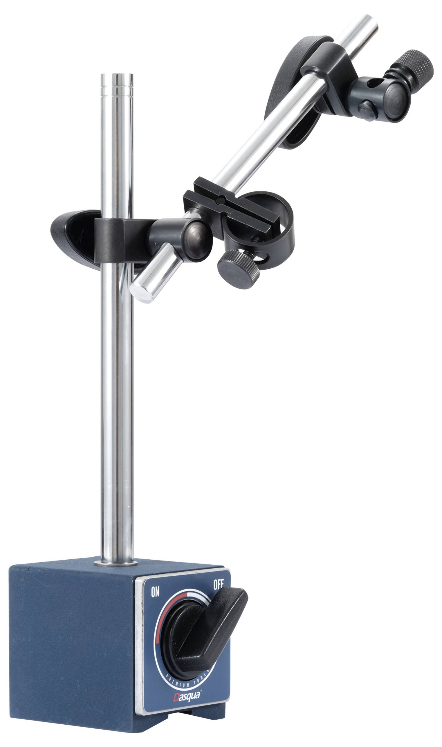 Magnetischer Messständer mit verstellbarem Arm und Klemmen, verwendet zur Befestigung von Messgeräten, auf blauem Sockel.