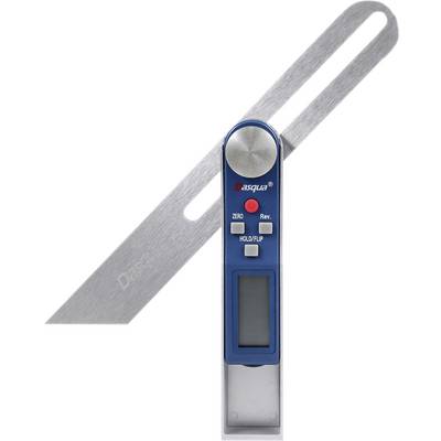 Ein digitaler Winkelmesser zeigt einen bestimmten Winkel an. Das Gerät hat ein blaues Gehäuse mit einem Display und Knöpfen zur Bedienung.