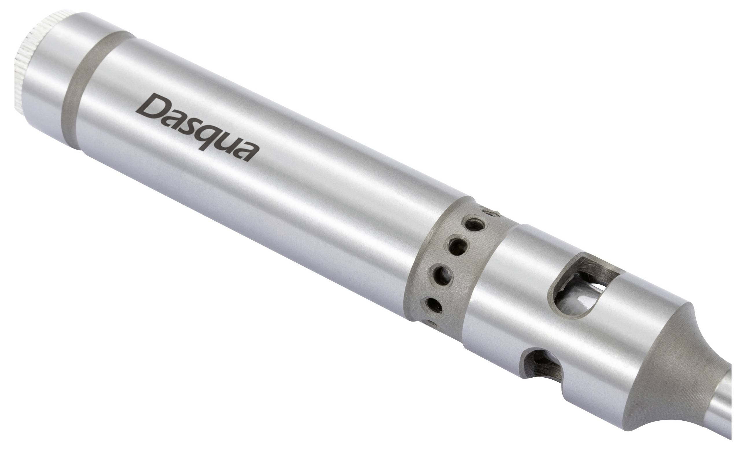 Silbernes zylindrisches Gerät mit der Aufschrift 'Dasqua'. Möglicherweise ein Werkzeug oder Instrument, wahrscheinlich aus Metall gefertigt.