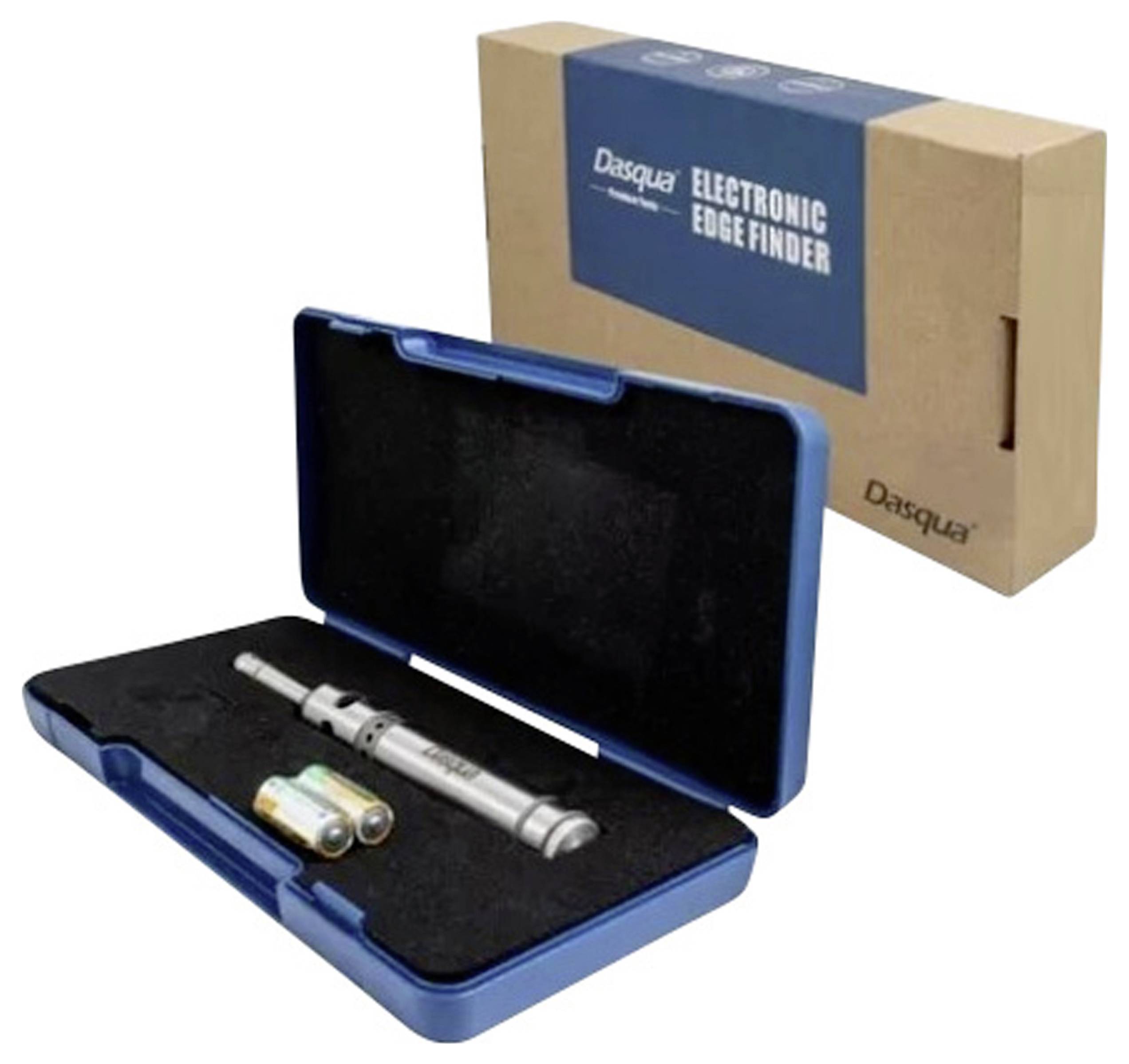 Elektronischer Kantensucher von Dasqua in geöffneter blauer Box neben Versandverpackung. Enthalten: Kantensucher und zwei Batterien.