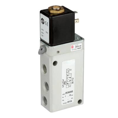 Ein pneumatisches Ventil mit mehreren Anschlüssen für die Steuerung von Luftströmen in einem System. Oben ist eine elektrische Spule angebracht.