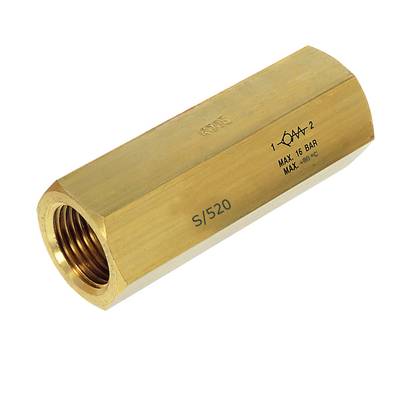 Messing Rückschlagventil mit der Aufschrift 'MAX 16 BAR', geeignet für Drucksysteme. Sechskantform, beidseitig Innengewinde.