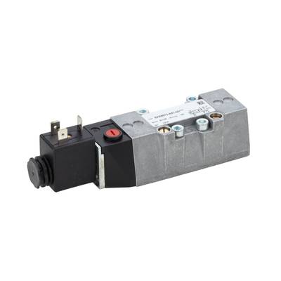 Silbernes elektromagnetisches Ventil mit schwarzem Gehäuse und roten Knopf. Technische Details auf der Oberseite sichtbar.